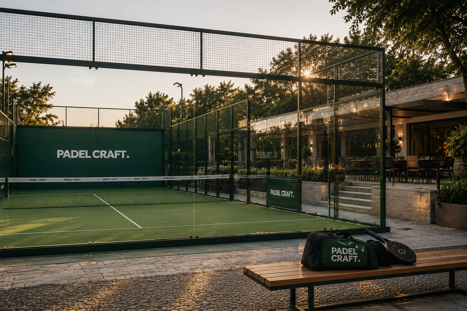 Padel Craft branded outdoor padel court at sunset with racket and kit bag